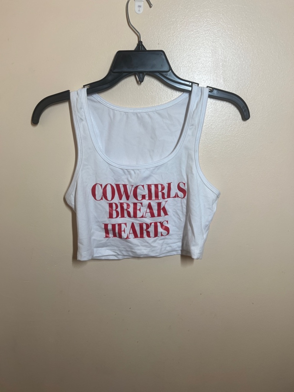 SHEIN White Cropped Tank with Red 'Cowgirls Break Hearts' Print